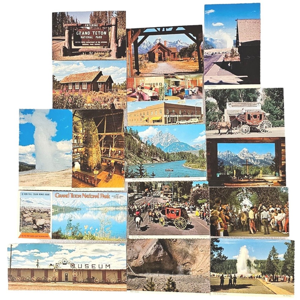 Postcards Vintage Wyoming Old Faithful Grand Teton Jackson Hole Western 20pc Lot